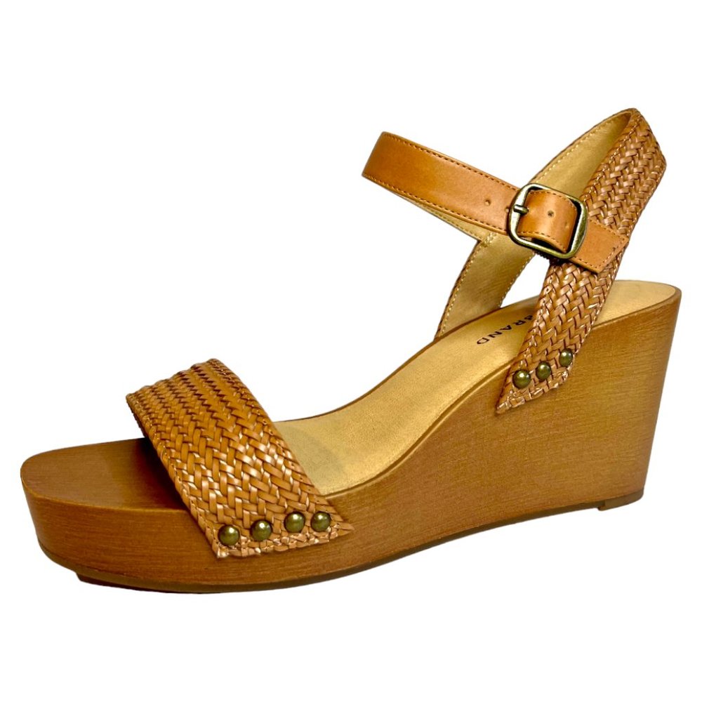 LUCKY BRAND Zyler Camel Tan Vegan Leather Wedge Sandals sz. 10 NIB